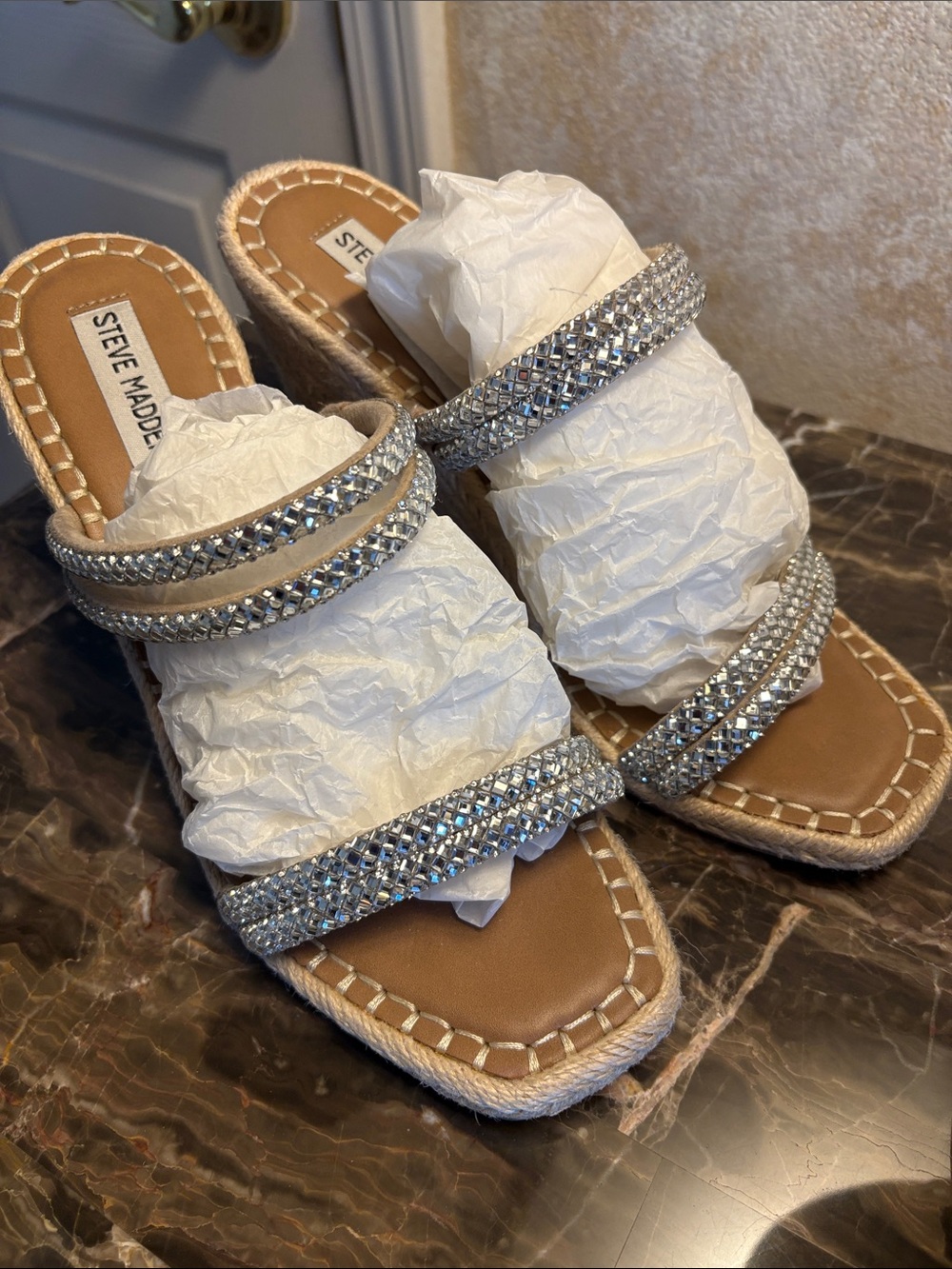 Steve Madden Beige Slide Sandals with Silver Crystal Straps